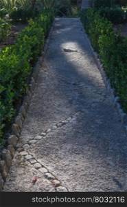 Peaceful garden path with gravel and zigzag stone pattern.
