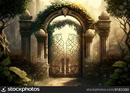 peaceful garden with heavenly gate, leading to eternal paradise, created with generative ai. peaceful garden with heavenly gate, leading to eternal paradise