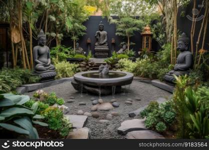 peaceful garden with serene water feature, surrounded by sculptures and other artistic elements, created with generative ai. peaceful garden with serene water feature, surrounded by sculptures and other artistic elements