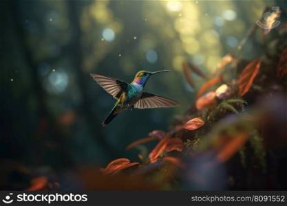 Peaceful hummingbird perching on a green branch in the heart of a lush forest in Costa Rica. AI Generative.