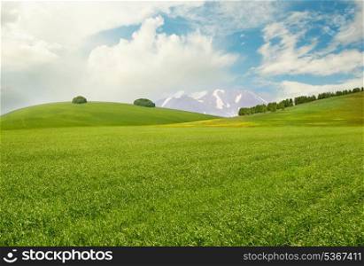 Peaceful landscape with meadow, hills, mountains and sky