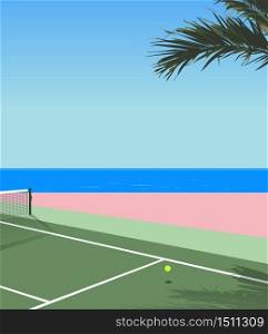 peaceful nostalgic seaside tennis court, pastel modern - vintage style background illustration