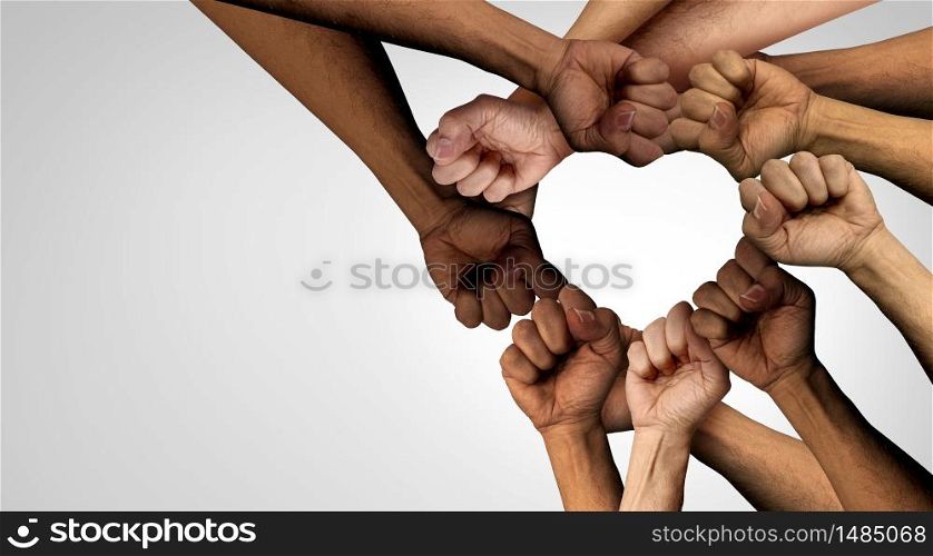 Peaceful Protest group and protester unity and diversity partnership as heart hands in a fist of diverse people connected together as a nonviolent resistance symbol of justice and fighting for a good cause.