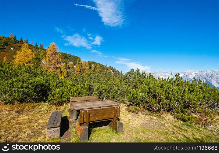 Peaceful sunny day autumn Alps mountain view and resting place. Reiteralm, Steiermark, Austria.