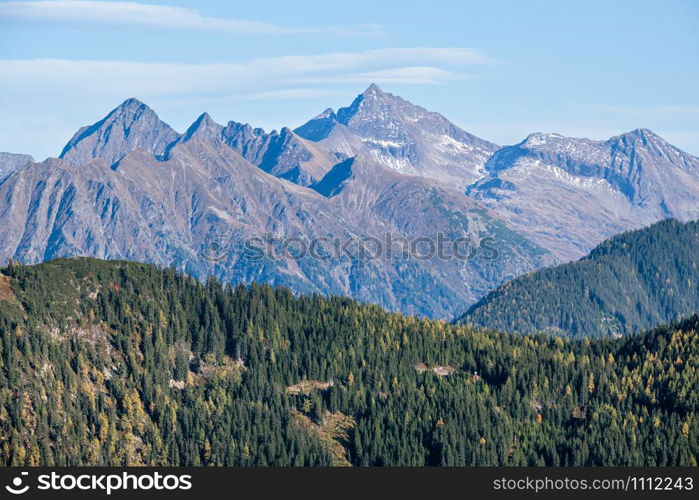 Peaceful sunny day autumn Alps mountain view. Reiteralm, Steiermark, Austria.