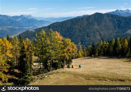 Peaceful sunny day autumn Alps mountain view. Reiteralm, Steiermark, Austria.