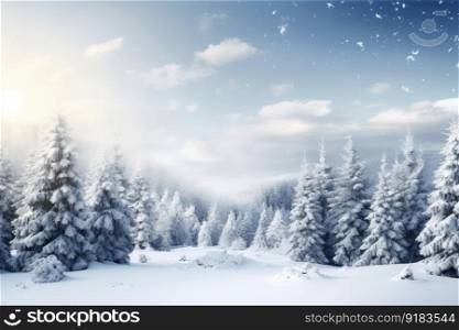 peaceful winter landscape, with a christmas border and snow-covered trees, created with generative ai. peaceful winter landscape, with a christmas border and snow-covered trees