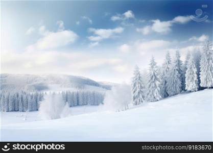 peaceful winter landscape, with a christmas border and snow-covered trees, created with generative ai. peaceful winter landscape, with a christmas border and snow-covered trees