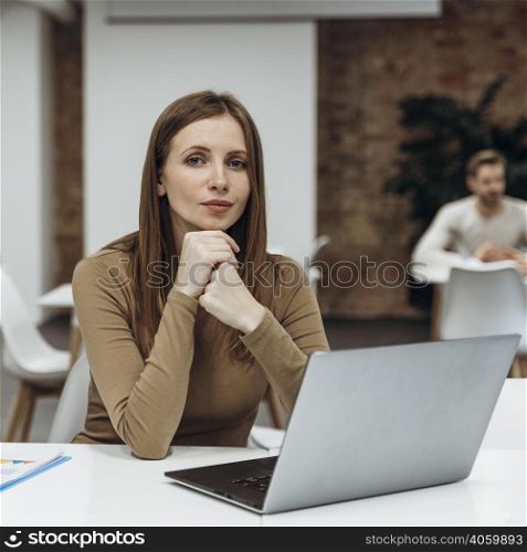 peaceful woman working laptop