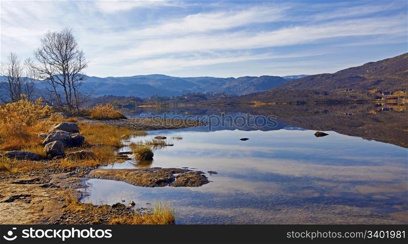 Peacefull lake, bare trees and autumn colors at Haukeli, Norway
