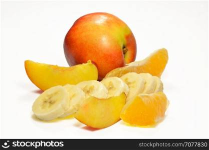 Peach banana and orange isolated on white background