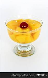 Peach compote with fresh sour cherry in glass isolated on white
