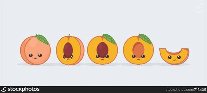 Peach cute kawaii mascot. Set of funny kawaii drawn fruit in the cut