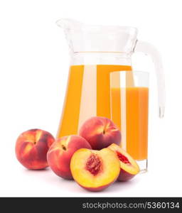 Peach fruit juice in glass jug isolated on white background cutout