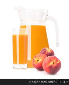 Peach fruit juice in glass jug isolated on white background cutout