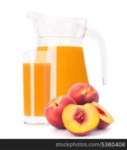 Peach fruit juice in glass jug isolated on white background cutout
