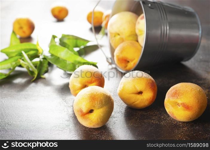 Peach fruit on a table, fresh fruit