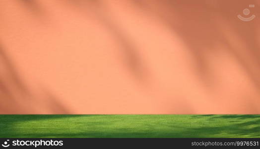 Peach Fuzz color Trend 2024 exterior wall background and green artificial grass floor with light and shadow on surface for mockup display presentation backdrop, illustration