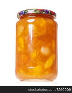Peach jam preserves in jar isolated on white background. Peach jam preserves