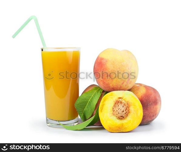 Peaches and glass with juice white isolated studio shot.