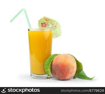 Peaches and glass with juice white isolated studio shot.