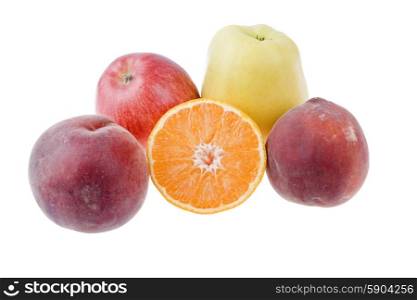 peaches, apples and a orange isolated on white background