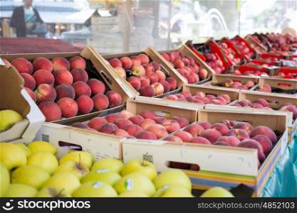 Peaches in the market at Rue Mouffetard in Paris