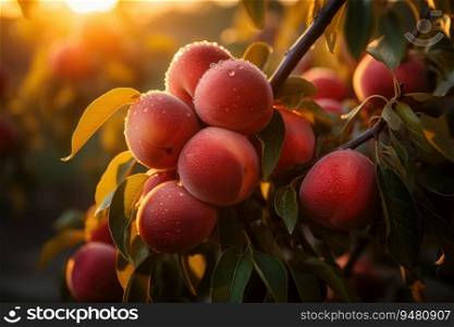 Peaches orchard full of ripe fruits. Generative AI