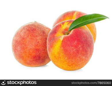 Peaches with leaf isolated on white background