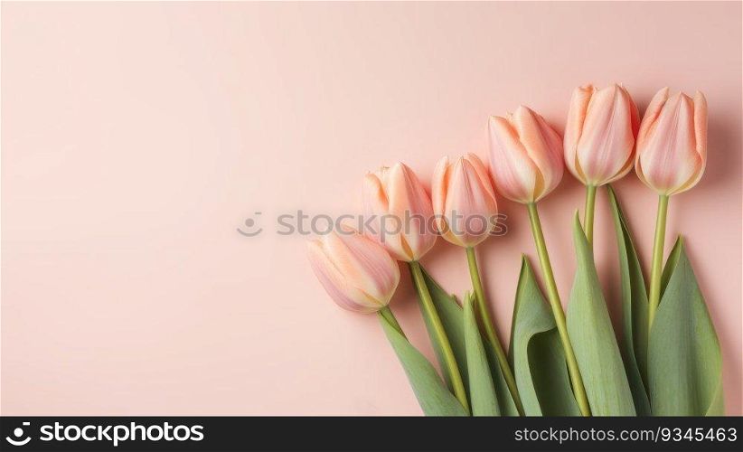 Peachy pink tulips on a pastel pink background with copy space. Created using AI Generated technology and image editing software.