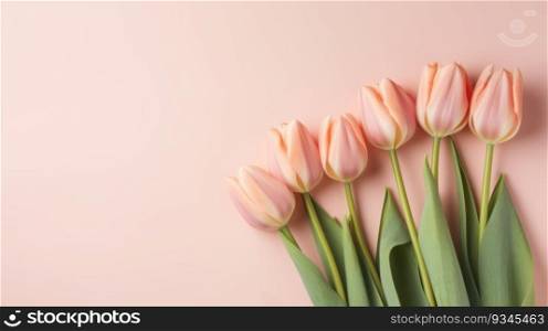 Peachy pink tulips on a pastel pink background with copy space. Created using AI Generated technology and image editing software.