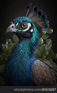 Peacock portrait on dark background, AI Generative