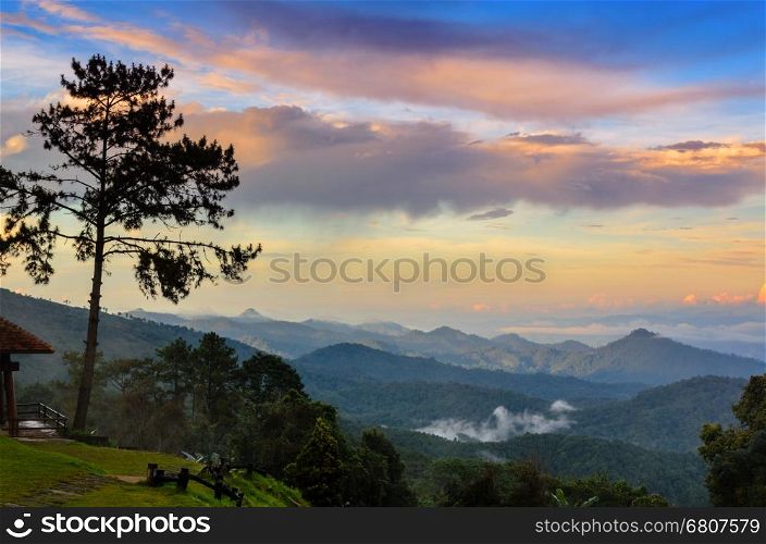 Peak for stunning views of mountains clouds and fog at Huai Nam Dang national park in Chiang Mai province of Thailand