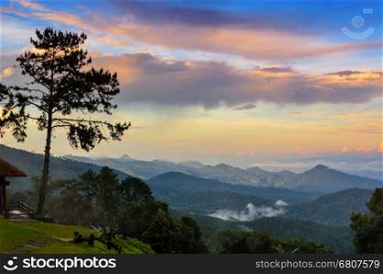 Peak for stunning views of mountains clouds and fog at Huai Nam Dang national park in Chiang Mai province of Thailand