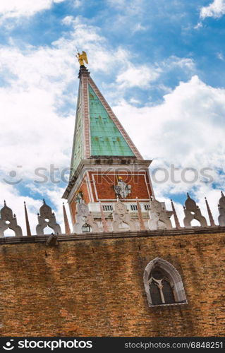 Peak of St Marks Bell Tower, View Behind Historical Facade - Campanile, Venice, Italy