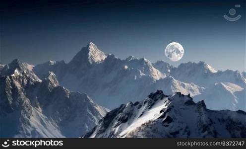 Peaks of snow-capped mountains of starry sky and moon background.  Mountain, nature landscape. Active leisure, tourism. AI generated.. Tops of snow-capped mountains against background of starry sky, moon. AI generated.
