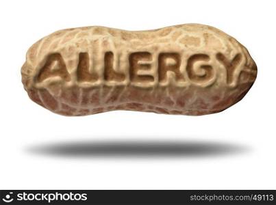 Peanut allergy concept and nut allergies medical symbol with text embossed in a shelled ingredient as an allergen warning with 3D illustration elements.