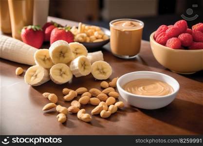 Peanut butter-inspired snack scene. Peanut butter and banana slices, peanut butter-filled celery sticks, set in an active, fitness-oriented environment. Generative AI.