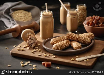 Peanut butter-inspired snack scene. Peanut butter and banana slices, peanut butter-filled celery sticks, set in an active, fitness-oriented environment. Generative AI.