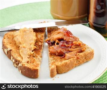 Peanut Butter toasts and jars on white background