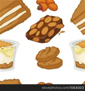 Peanut dishes of food or drinks and desserts seamless pattern. Vector icons of peanut butter, vegan cookie and pastry cakes and chocolate ingredients. Peanut dishes of food or drinks and desserts seamless pattern.