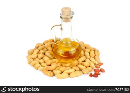 Peanuts and oil in bottle isolated on white background. Organic food.
