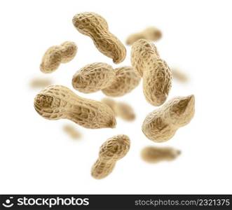 Peanuts in the shell levitate on a white background.. Peanuts in the shell levitate on a white background