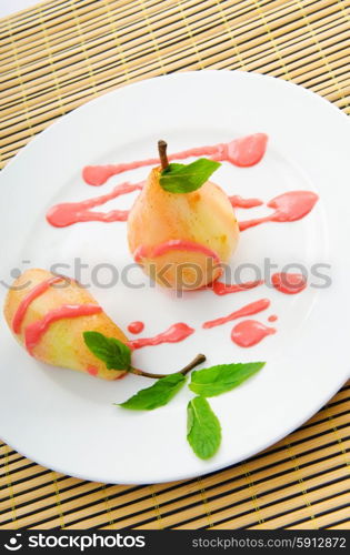 Pear dessert in the plate