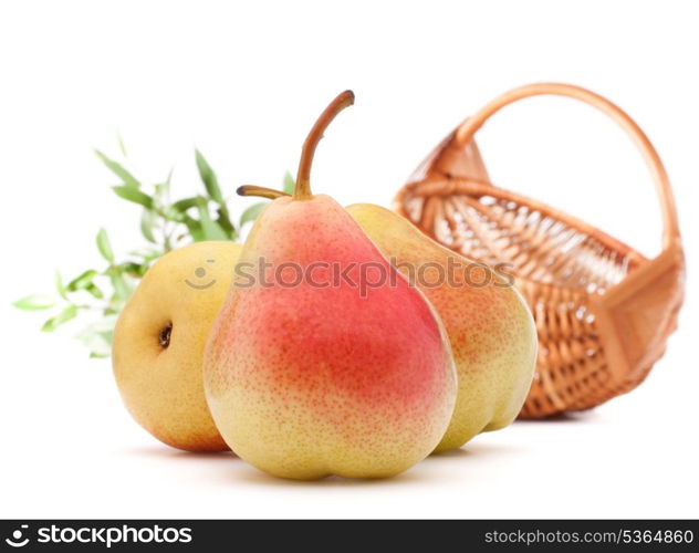 Pear fruit and wicker basket isolated on white background cutout. Autumn harvest concept.