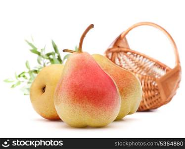 Pear fruit and wicker basket isolated on white background cutout. Autumn harvest concept.