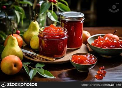 Pear jam with fresh fruit. Generative AI
