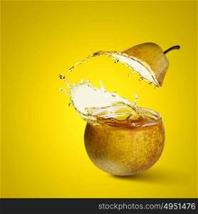 Pear juice. Image of juicy pear in splashes against color background