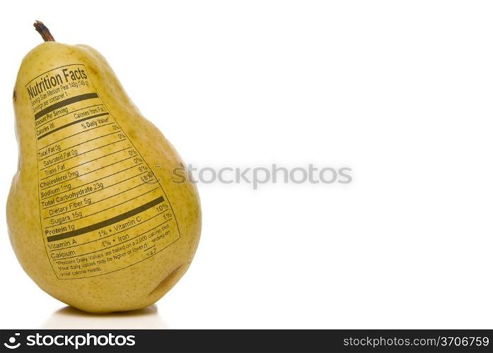 Pear Nutrition Facts printed on the skin of a pear.