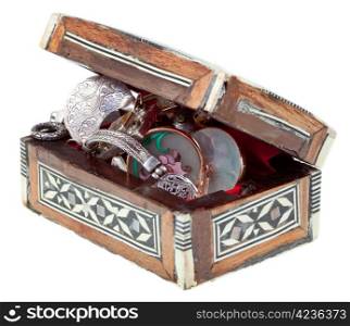 pearl inlay wooden chest with jewels isolated on white background